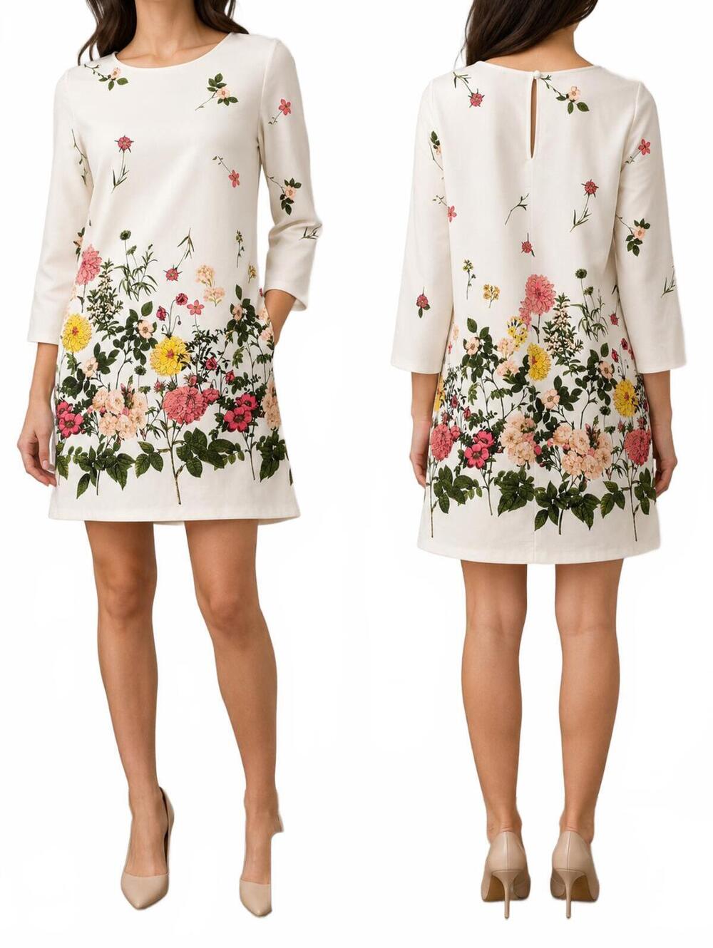 Asos Ladies Off White Floral Print Shift Style Dress  3/4 Sleeve Above Knee Leng